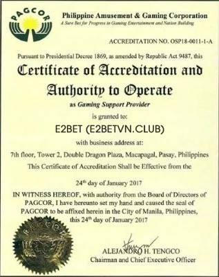 E2BET (E2betvn.club) được cấp giấy phép hoạt động tại PAGCOR